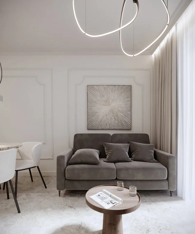 Przystań Nadole, apartament nad jeziorem: salon z aneksem, projekt AS Wnętrz